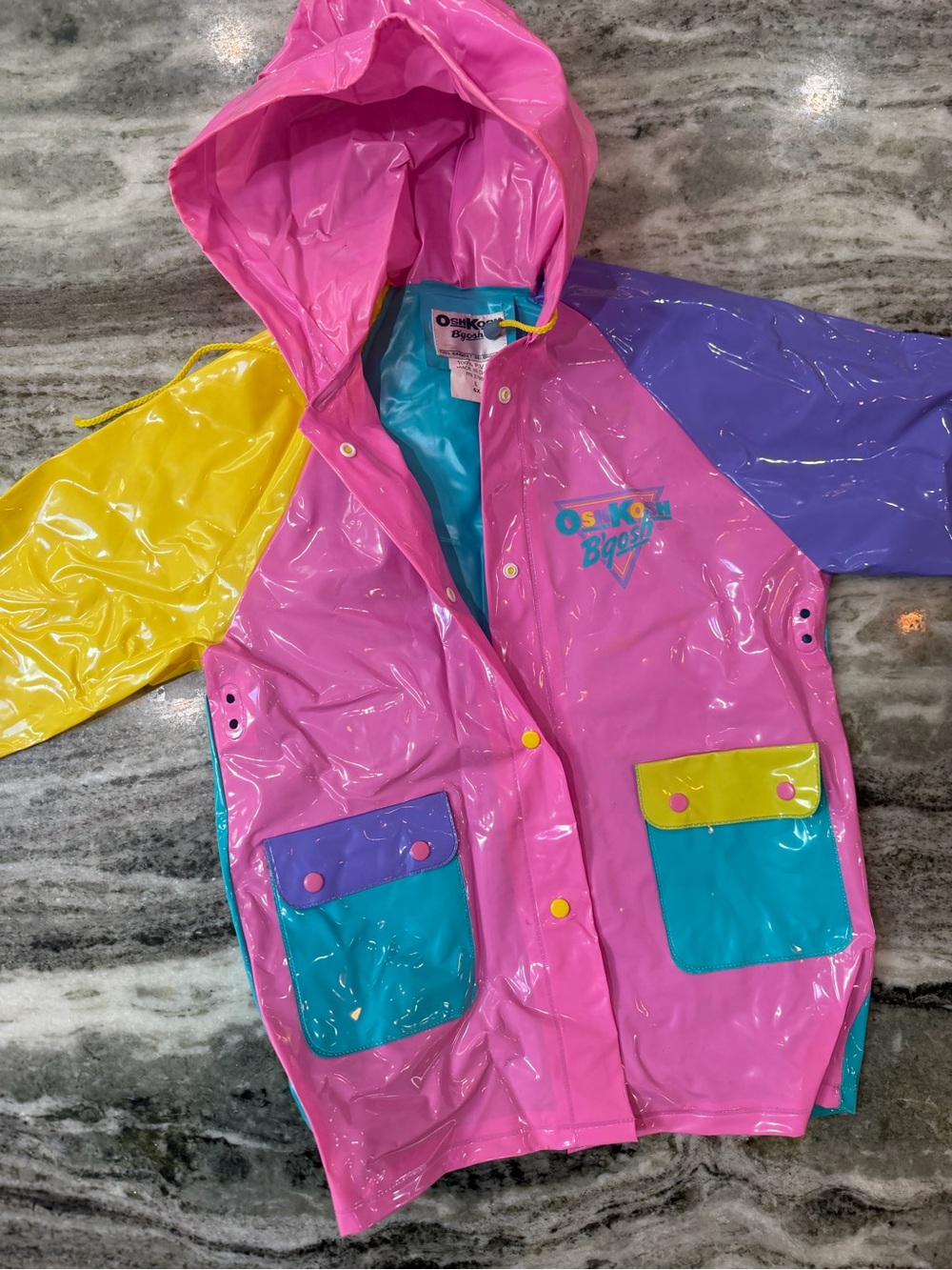Vintage OshKosh B'gosh Pink, Yellow, Turquoise & Purple Colorblock Kids Raincoat